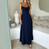 GETADME Ladies Fashion New Sexy Solid Color Slip Dress Lace-up Design Sense Elegant 2025 Summer A-line Long Dress Temperament Robe Femme