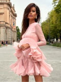 GETADME Elegant Women Round Neck Single Breasted Flare Long Sleeve Mini Dress Sweet Solid Bubble Skirt 2025 Lady Chic High Street Robes