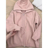 GETADME Gray Hooded Sweater Coat Autumn Winter Double Zipper Long Sleeve Loose Fashion Korean Soft Thickened Knitted Tops Coats