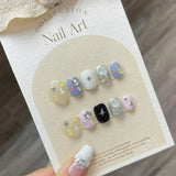 GETADME 10Pcs Handmade Gothic Short Press on Nails Rhinestone Round Manicure Decoration Wearable Full Cover with Design Acrylic Nail Tip
