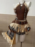 Getadme  Preppy Style Vintage Red Denim Bustier Tops + Sweet Spicy Pure Design Mini Cake Skirt Women 2 Piece Sets Summer 2025 Korea Style