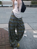 GETADME Y2K Plaid Wide Leg Pants Women Summer Streetwear High Waist Loose All Match Pants Casual Pockets Lady Mopping Trousers
