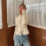 GETADME Elegant Embroidery Puff Sleeve White Shirts Summer Sexy Hollow Out Lace Blouse Casual Sand Collar Top 2025 Vintage Shirts