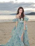 GETADME Evening Party Dress 2025 Summer Short Puff Sleeve Khaki  Print Organza Women Floor-Length Overlength Princess Long Dress Female