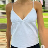 GETADME Y2k Fairycore Spaghetti Strap Camisole Women Cute Peplum Vest Coquette Low Cut V-neck Babydoll Tank Boho Going Out Crop Top