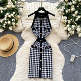 GETADME 2025 New Luxury Houndstooth Knitted Dress Summer Sleeveless Halter Metal Button Design Women Bodycon French Print Sexy Dresses