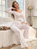 GETADME 4 Size Choose S M L XL  Apricot Ditsy Floral Women Homewear Set Soft Pajama Set Long Sleeve Top and Pants Loungewear Sleepwear T