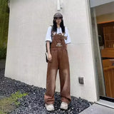 GETADME Retro American Brown Embroidered Bib Overalls Women Loose Straight Leg Jeans Slimming One-Piece Pants High Waist Denim