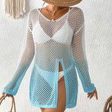 GETADME Sexy Fashion Long Sleeve V Neck Gradient  Hollow Out Ladies Split Pullover Mini Women Bodycon Summer Sundress Swimwear 2025