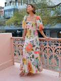 GETADME 2025 Summer Fashion New Women's Elegant Bohemian Dress with Printed Temperament One Collar Lantern Sleeve Long Dress