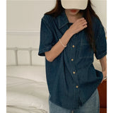 Getadme-Casual Denim Shirts For Women Fashion Vintage Women's Short Sleeve Loose Shirt Korean Style Female Single-Breasted Tops