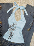 GETADME American Vintage Blue Rose Printed Camisole Vest for Women Summer Spicy Girl Slim Waist Streetwear Halter Top Y2k Aesthetic Vest