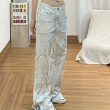 GETADME American retro printed wing patch women jeans punk style slim fit men and women bell bottoms floor mopping pants