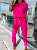 GETADME Jumpsuit Women 2025 Solid Color Short Sleeve V-neck Pocket Lace-up Pencil Long Pants Jumpsuits Summer Outfits Bodysuits