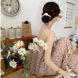 GETADME 여성용 새 잠옷 홈웨어 세트 여름 레트로 작은 브로큰 플라워 홀터넥 반팔 긴바지 얇은 잠옷 홈웨어 세트