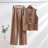 GETADME Vest Set Gold Botton OL Style 2025 New V Neck Set 2 Pieces Sweater Set For Summer Baggy Wide Leg Long Pants