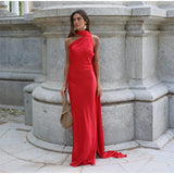 Getadme Sexy Satin Ribbon Party Dress Women Elegant Halter Backless Off Shoulder Sleeveless Female Dresses 2025 Summer Solid Robe Gown