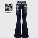 GETADME Jeans Flare Pants Women Vintage Boot Cut Embroidery Pockets Rhinestone Washed Female Distressed Denims Trousers Streetwear