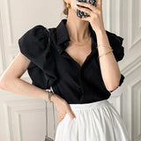 Getadme -Y2K Women Chiffon Black Shirts Summer Fashion Elegant Puff Sleeve Tops Korean All Match Female Casual Blouse New