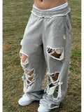 GETADME Distressed Gray Baggy Joggers Women Hip Hop Style Grunge Wide Leg Holes Sweatpants Oversized Gyaru Streetwear Trousers