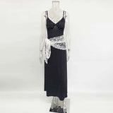 GETADME Tornova Polka Dot Suspender Long Dress Women's Sexy Deep V Neck Lace Splice Elegant Dress Vacation Slim Dresses 2025 Summer New