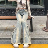 GETADME Women Vintage Blue Jeans High Waist American Retro 90s Raw Material Edge Design Y2k Denim Pants Streetwear Wide Leg Jeans