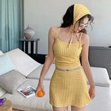 GETADME New 2025 Three-Piece Swimsuit Slimming Cover-Up Holiday Beauty Checkered Pattern Conservative Korean Style Bikini Set