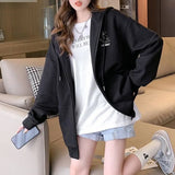 GETADME Women Embroidery Print Sporty Chic Hoodies Casual Zip Up Long Sleeve Loose Jacket Coats Harajuku Hooded Sweatshirts Streetwear