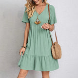 GETADME 2025 Loose V-neck Short Sleeved Pleated Women Dress Solid Color A-line Beach Dresses Elegant Simple Comfortable Woman Clothing