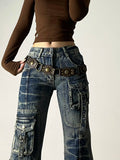 GETADME American Vintage Street Style Y2K Jeans Women's High-street Multi-pocket Cargo Flared Floor-grazing Jeans Casual Punk Long Pants