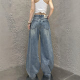 GETADME Streetwear Harajuku Jeans for Women Pantalones Vaqueros Mujer Chic Fake Two Denim Trousers Casual Straight Y2k Wide Leg Pants