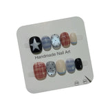 GETADME 10pcs Short Oval Shaped Press-On Nails - Color Block Stripes & Star Designs Glossy Mix-and-Match False Nails for Women and Girls