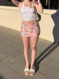 GETADME Weird Puss Colorful Flowers Skirts Women Sequins Patchwork Mesh Summer Trend Sweet Street Party Casual Holiday Chic Mini Bottoms