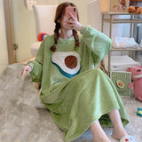 GETADME Winter Warm Pajamas Coral Fleece Long Sleeve Dresses Midi Length Cartoon Student Flannel Home Nightdress Striped Thickened Pajam