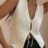 Getadme-Women's Vintage Y2K Sweater Knitwear Vest Fitted Sleeveless Open Front Bow Knot Tie-Up V Neck Solid Color Tank Tops for Summer