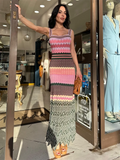 GETADME Patchwork Contrast Knitted Women' Dresses Square Collar Backless Sleeveless Bohemian Long Dress Female  Summer Lady Beach Robes