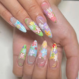 GETADME 24pcs Spring Day Sweet False Nails Cute Pink Flower Star Pearl Designs Press On Nails Stripes French Style Almond Fake Nail
