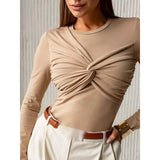 GETADME 탑 티셔츠 여성용 라운드넥 긴팔 타이트 점프수트 유럽 아메리카 섹시 플리츠 점프수트 하이스트리트 미드웨이스트 탑 신상품