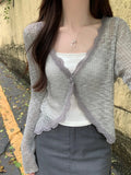 GETADME Lace Trim One Button Long Sleeve Crop Top Women Short Sleeve Open Front Ribbed Knit Cardigan Sweater Summer Fairycore Outfit