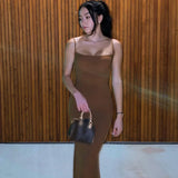 GETADME 2025 Summer Fishtail Backless Dresses For Women's Sexy Spaghetti Strap Gray Long Dress Y2k Sleeveless Solid Skinny Robe Vestidos