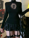 GETADME Turtleneck Top Y2k Clothes Black Gothic Cross Hollow Slimming Bottom T Shirt for Women Long Sleeve Sexy T-shirt Girls Tops