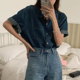 Getadme-Casual Denim Shirts For Women Fashion Vintage Women's Short Sleeve Loose Shirt Korean Style Female Single-Breasted Tops