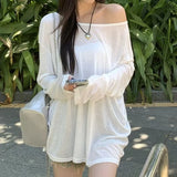 GETADME Sexy Sheer Baggy T-shirt for Women 2026 Summer Casual Fashion Loose Pullovers Chic Lazy Solid Color Off Shoulder Top Streetwear