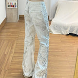 GETADME American retro printed wing patch women jeans punk style slim fit men and women bell bottoms floor mopping pants