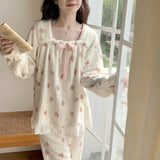 GETADME 겨울 플란넬 두꺼운 잠옷 여성용 긴팔 인기 따뜻한 공주 스타일 플리스 안감 잠옷 달콤한 가정복 세트 