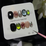 GETADME 10pcs Short Oval Shaped Press-On Nails - Color Block Stripes & Star Designs Glossy Mix-and-Match False Nails for Women and Girls