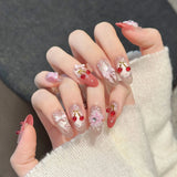 GETADME 10PCS 3D Cherry Bowknot Decor Handmade Press on Nails Glitter Almond Sweet Fake Nails Wearable Blush Cat's Eye False Nails Art