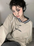 Getadme 2 Vintage V Neck Sweatshirt Women Korean Fashion Streetwear Kpop Pullover Casual Harajuku Grunge Cotton Top Autumn Winter
