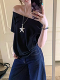 GETADME T-shirts Women Niche Design Off Shoulder Solid Short Sleeve Summer Chic Loose Casual Daily Simple Sexy Korean Trendy Street Tops