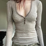 Getadme-Vintage Deep V-neck Knitted Top Khaki Casual Basic Slim-fit T-shirts Fairy Grunge Long Sleeve Tops Elegant Streetwear
